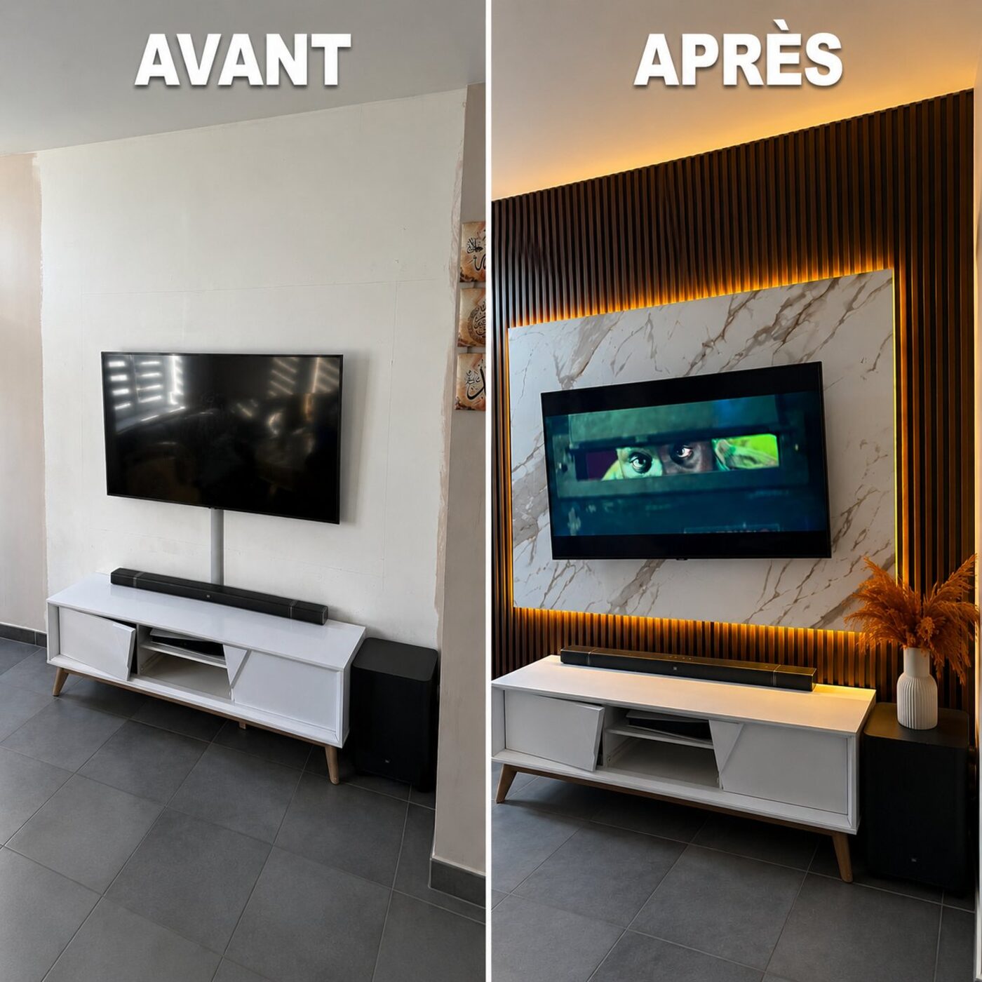 Mur TV salon avant après plaque marbre